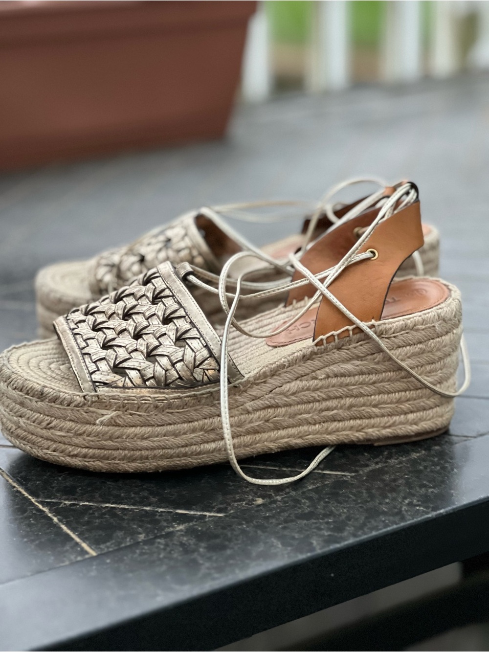 Tory Burch Woven Metallic Platform Espadrille Sandals - Gold 8M